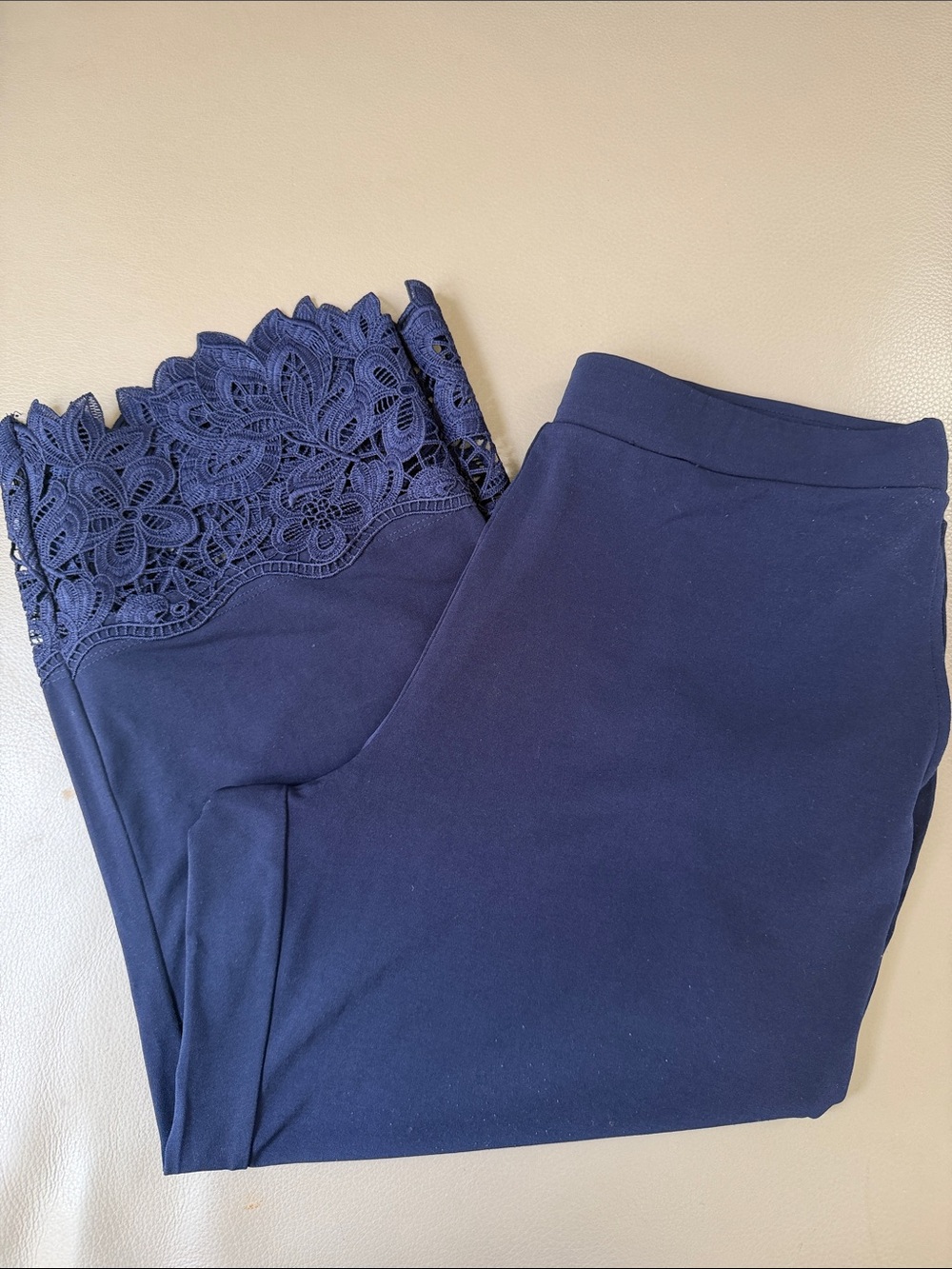 Susan Graver Navy Cropped Lace-Hem Pull-On Pants